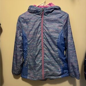 Free Country Girls' Heathered Blue-Purple Hooded Puffer with Pink Trim, size L